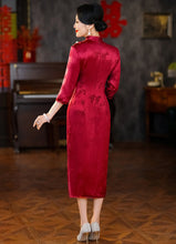 Load image into Gallery viewer, Long Formal Cheongsam Midi Dress in Wine Red
