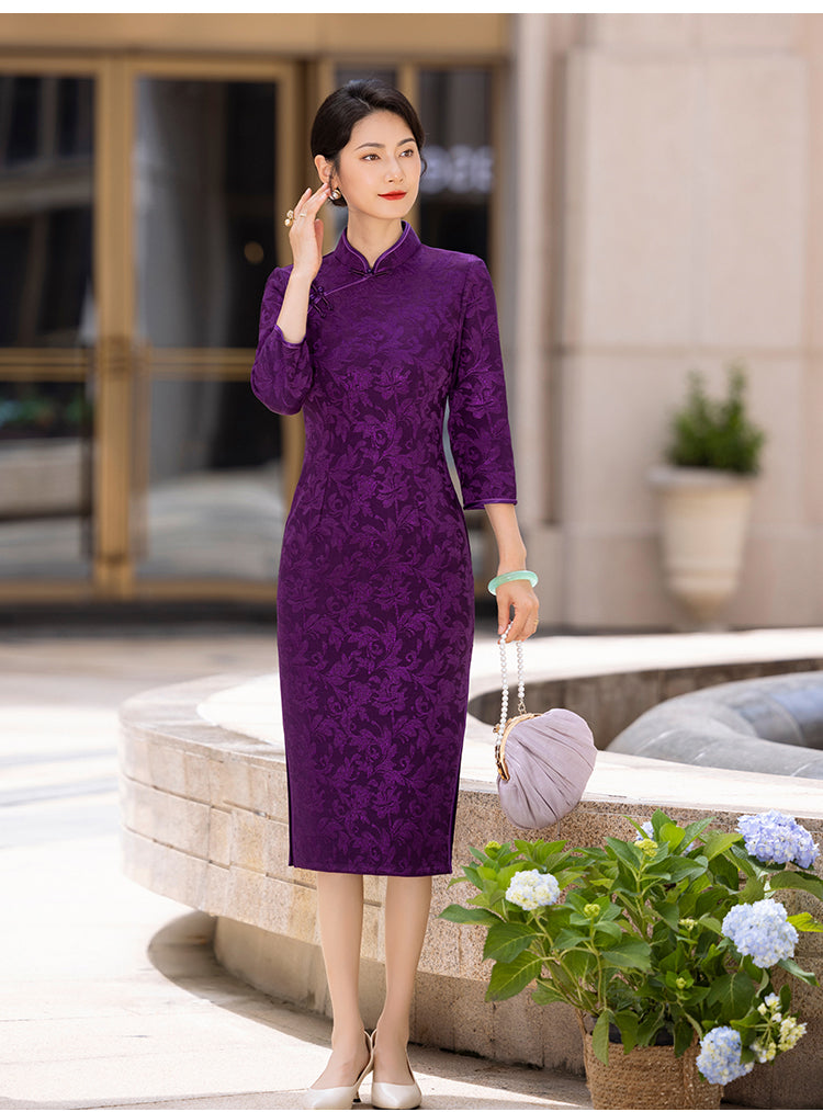 Purple Jacquard Formal Cheongsam Midi Dress