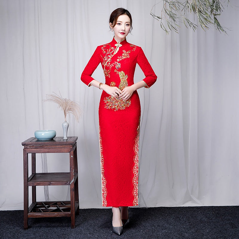 3/4 Sleeve Embroidery Wedding Cheongsam Dress