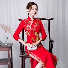 Load image into Gallery viewer, Chinese Red Embroidery Long Wedding Cheongsam Dress
