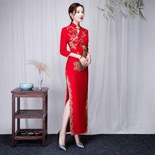 Load image into Gallery viewer, Chinese Red Embroidery Wedding Cheongsam Dress
