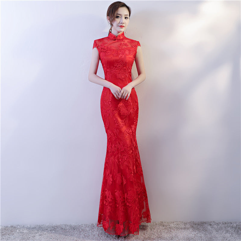 Long Mermaid Qipao with Lace Embroidery Details