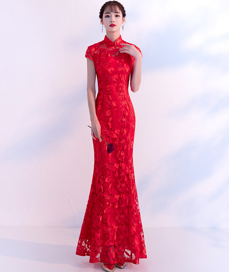 Lace Floral Embroidery Wedding Qipao Gown