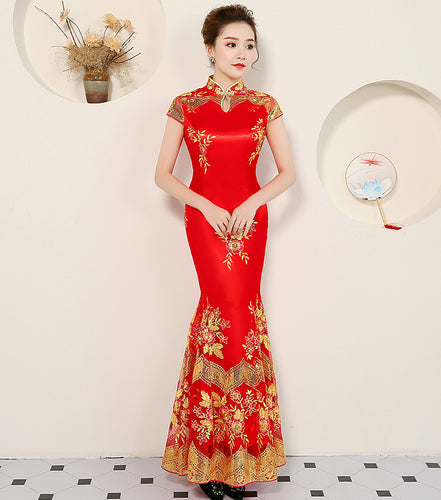 Brocade and Sequin Embroidery Red Qipao Dress