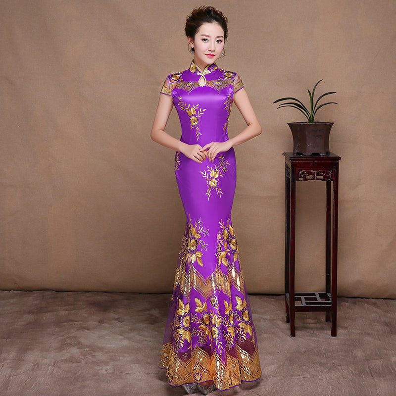Sequin Embroidery Purple Qipao Dress