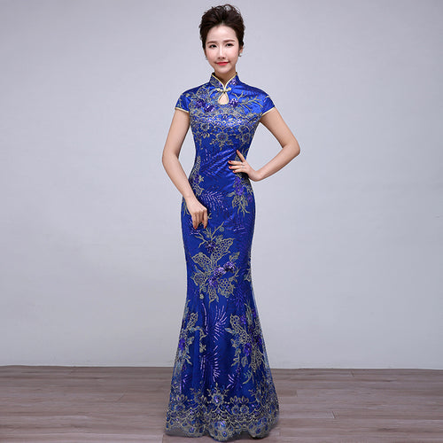 Lace Embroidered Sequin Mermaid Cheongsam Gown