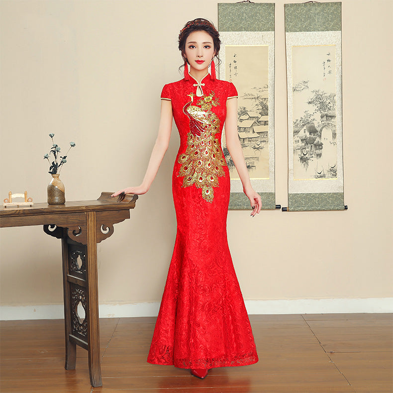 Floral Lace Overlay embroidery Wedding Cheongsam