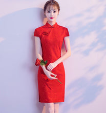Load image into Gallery viewer, Mandarin Collar Red Lace Midi Dress
