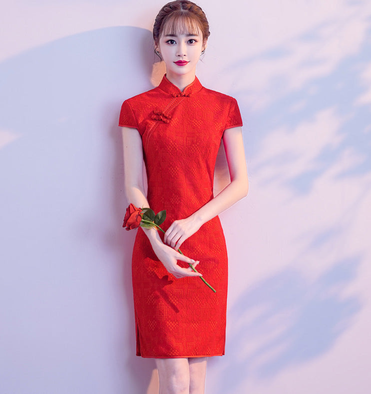 Mandarin Collar Red Lace Midi Dress