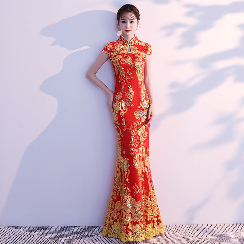 Lace Embroidery Mermaid Wedding Cheongsam Dress
