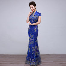 Load image into Gallery viewer, Lace Embroidered Sequin Mermaid Qipao Gown
